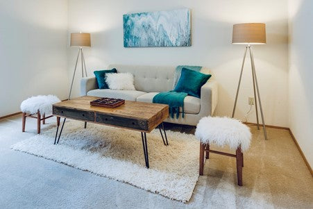 Living room picture with grey sofa, blue canvas and fluffy white rug