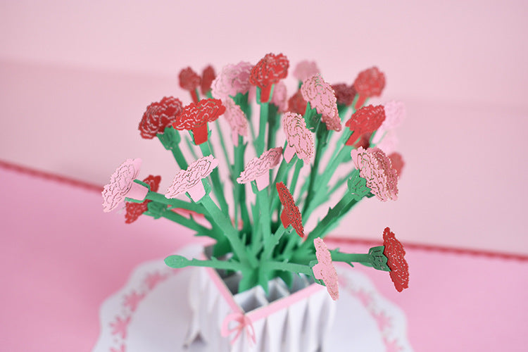 carnation flowers in pot popup greeting card close up