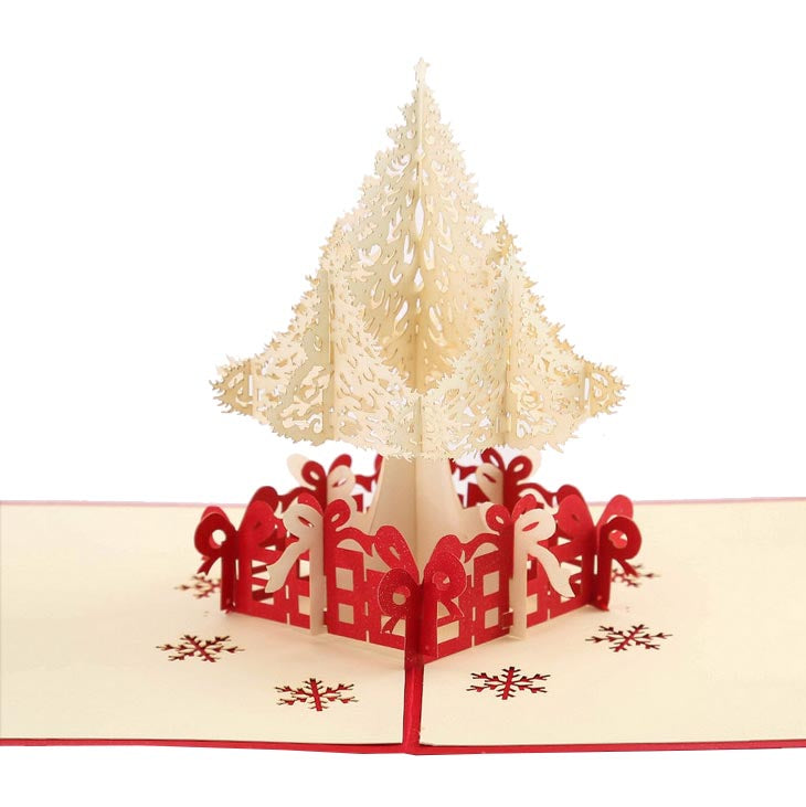 white christmas tree pop up card - side view on white background