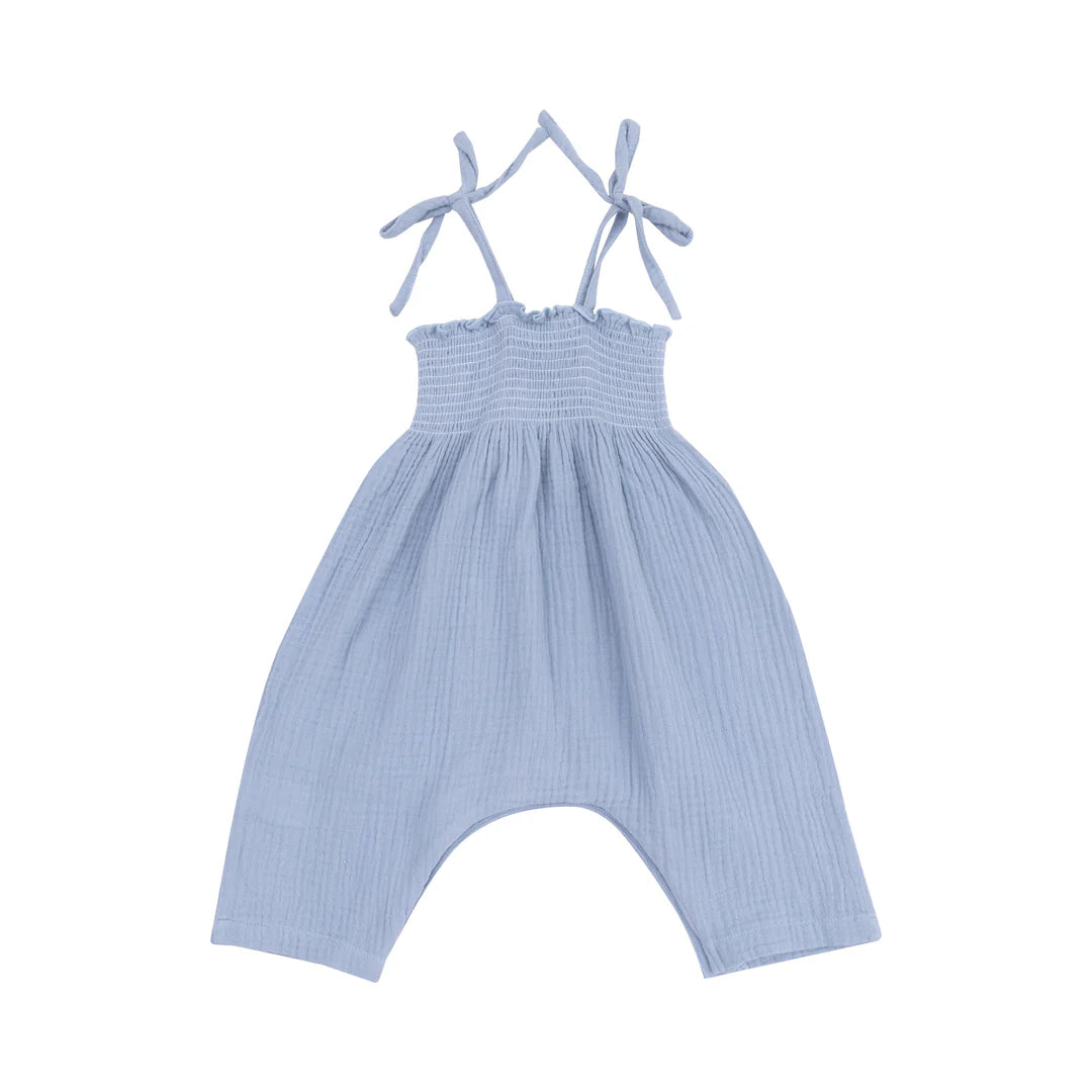 Angel Dear Solid Muslin Dusty Blue Tie Strap Smocked Romper