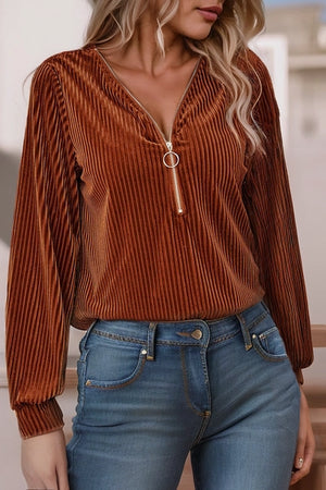 LOW STOCK Suzette Chestnut Half Zip Velvet Top - Belle & Co. Boutique