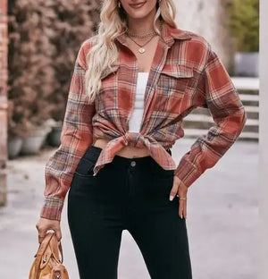 Women's Casual Fashion Oversized Loose Plaid Shirt: Caramel / 100%Polyester / XL - Belle & Co. Boutique