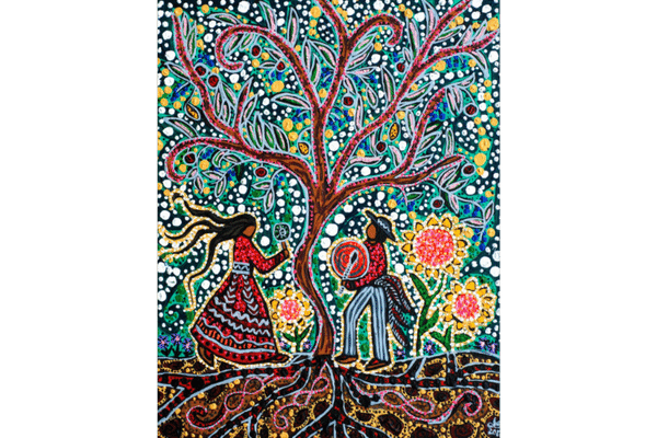 leah dorion metis art singing to the tree of life painting