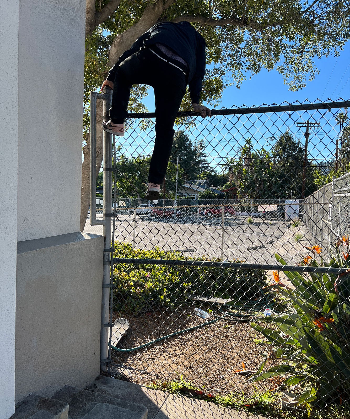 Climb fences to skate