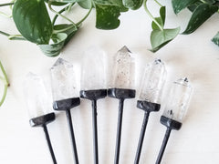 a set of clear quartz crystals on a black plastic stake