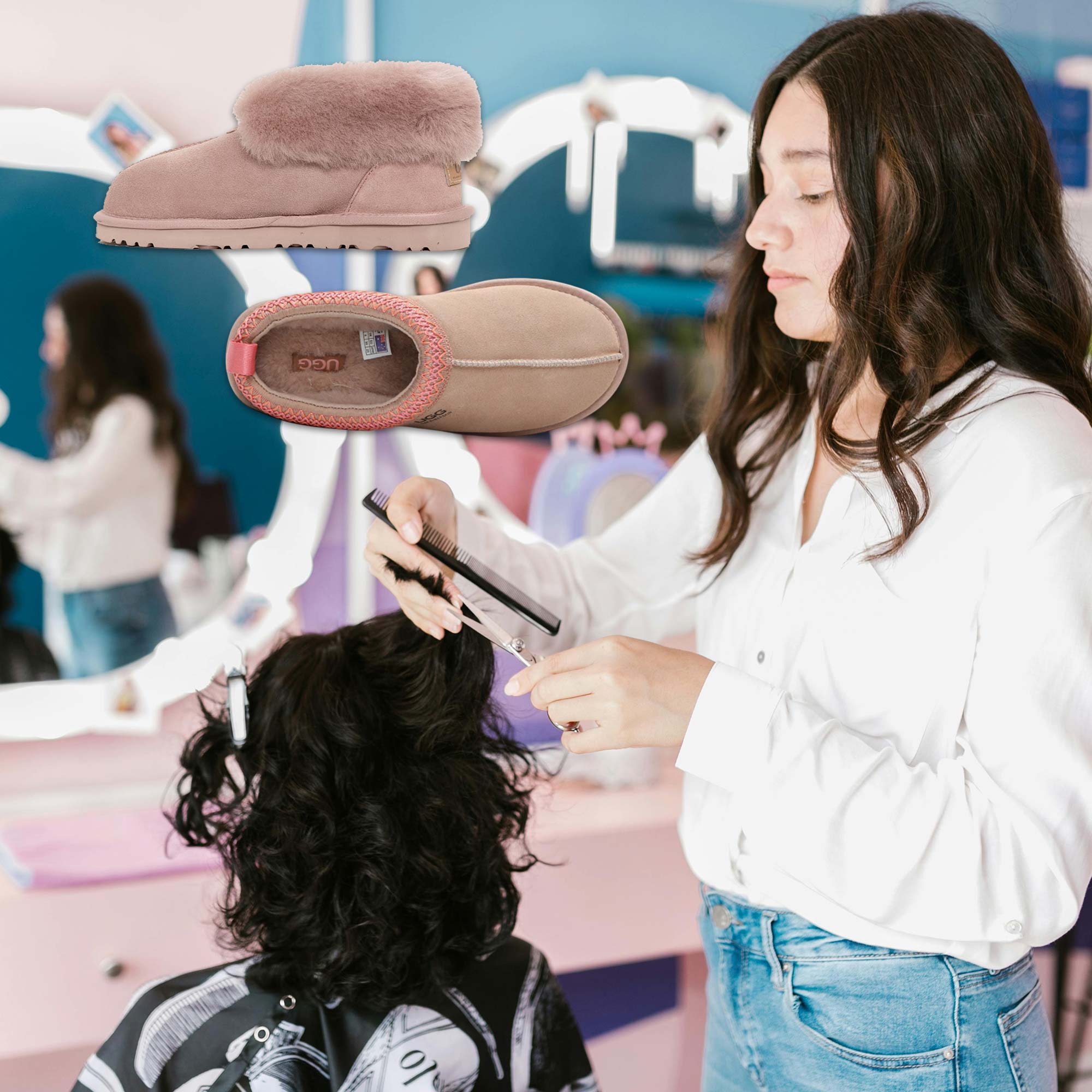 a hair dresser doing work while having UGGs ready after her shift