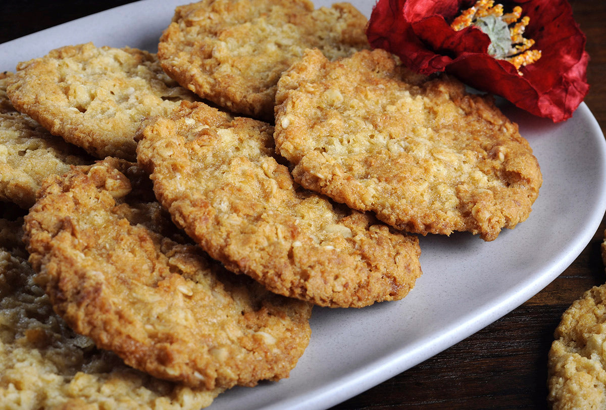 Traditional ANZAC Biscuits made from rolled oats, coconut and flour