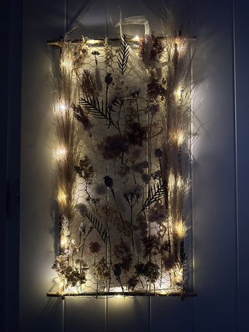 Dried flower frame wall art with lights - dark