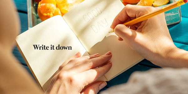 young woman holding her diary and pen at the sun set