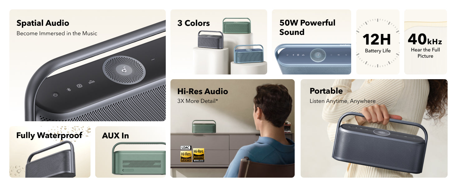Spatial Audio Fully Water Proff AUX in Hi-Res Portable 3 Colors 50W Powerful Sound
