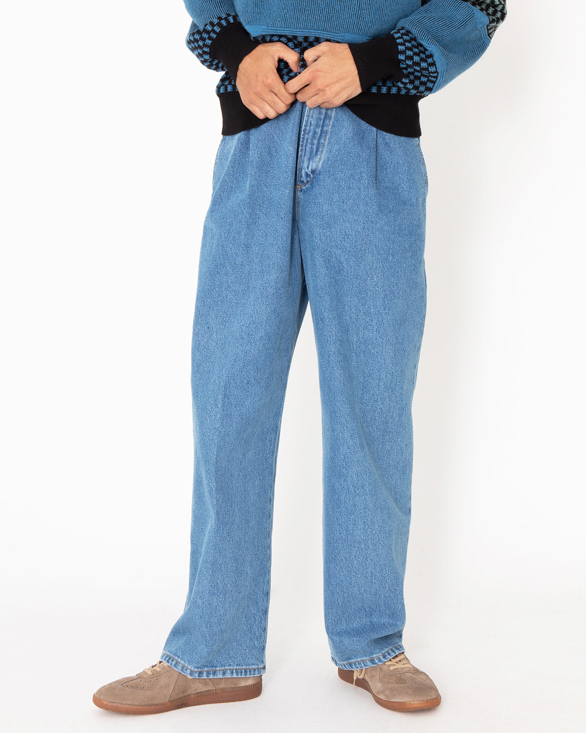 BLEACHED DENIM PLEATED TROUSERS