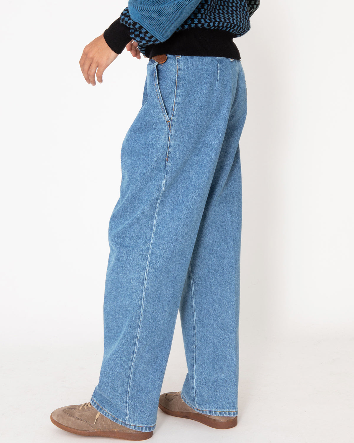 BLEACHED DENIM PLEATED TROUSERS