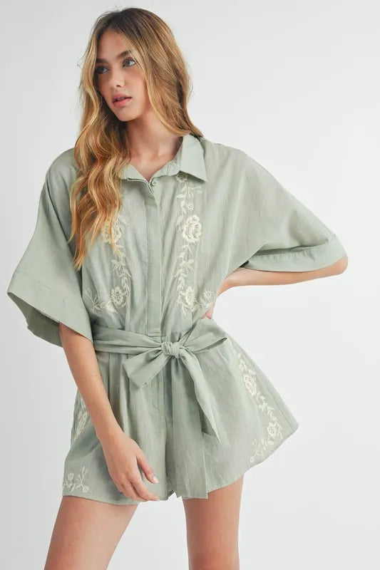 MABLE Embroidered Button Down Collared Neck Romper