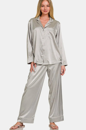 Zenana Satin Long Sleeve Shirt and Pants Pajama Set - BELLATRENDZ