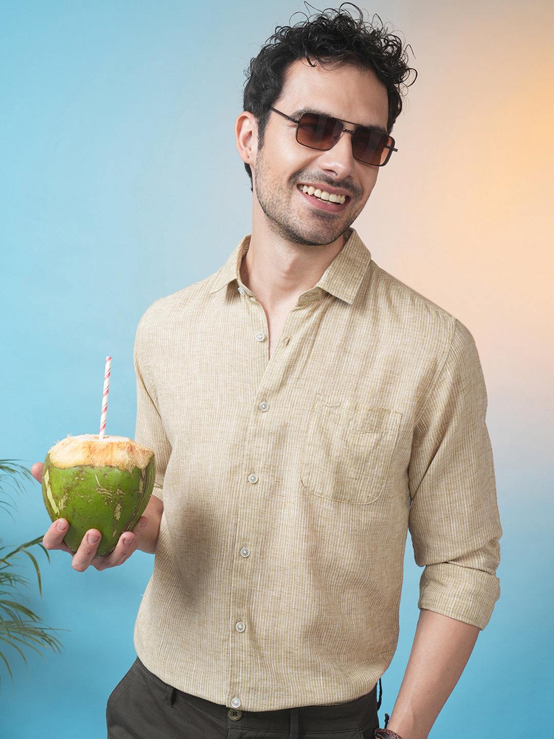 Khaki Brown Striped Full Sleeve Linen Shirt