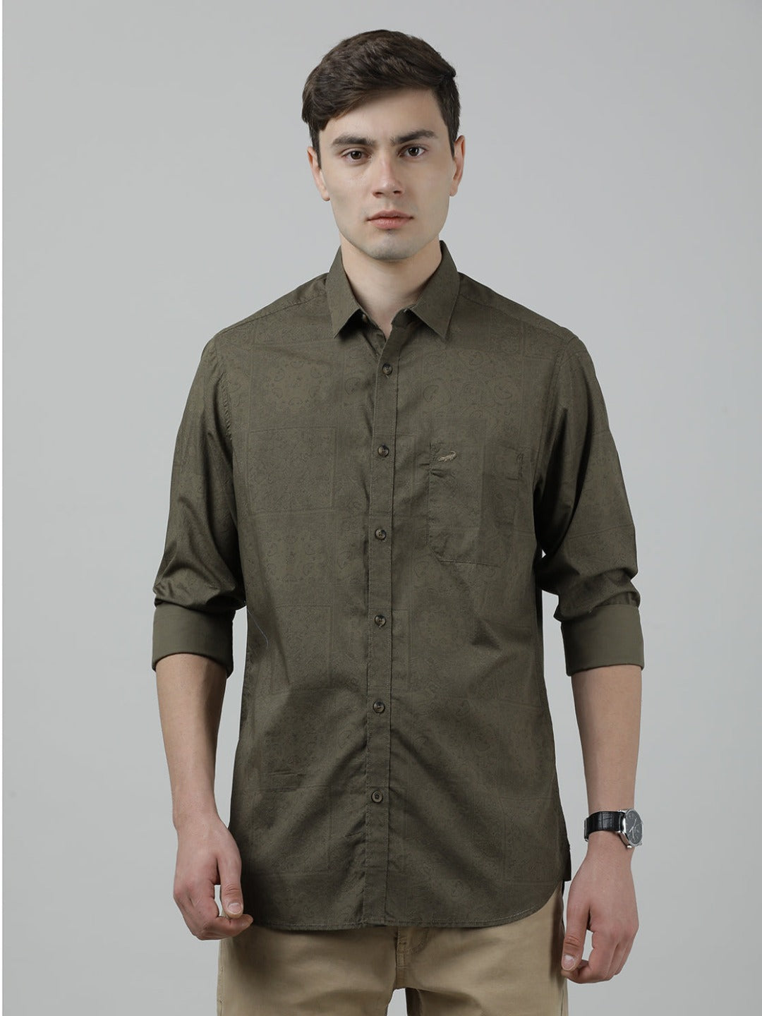 Olive Green Printed Full Sleeve 100% Cotton Shirt