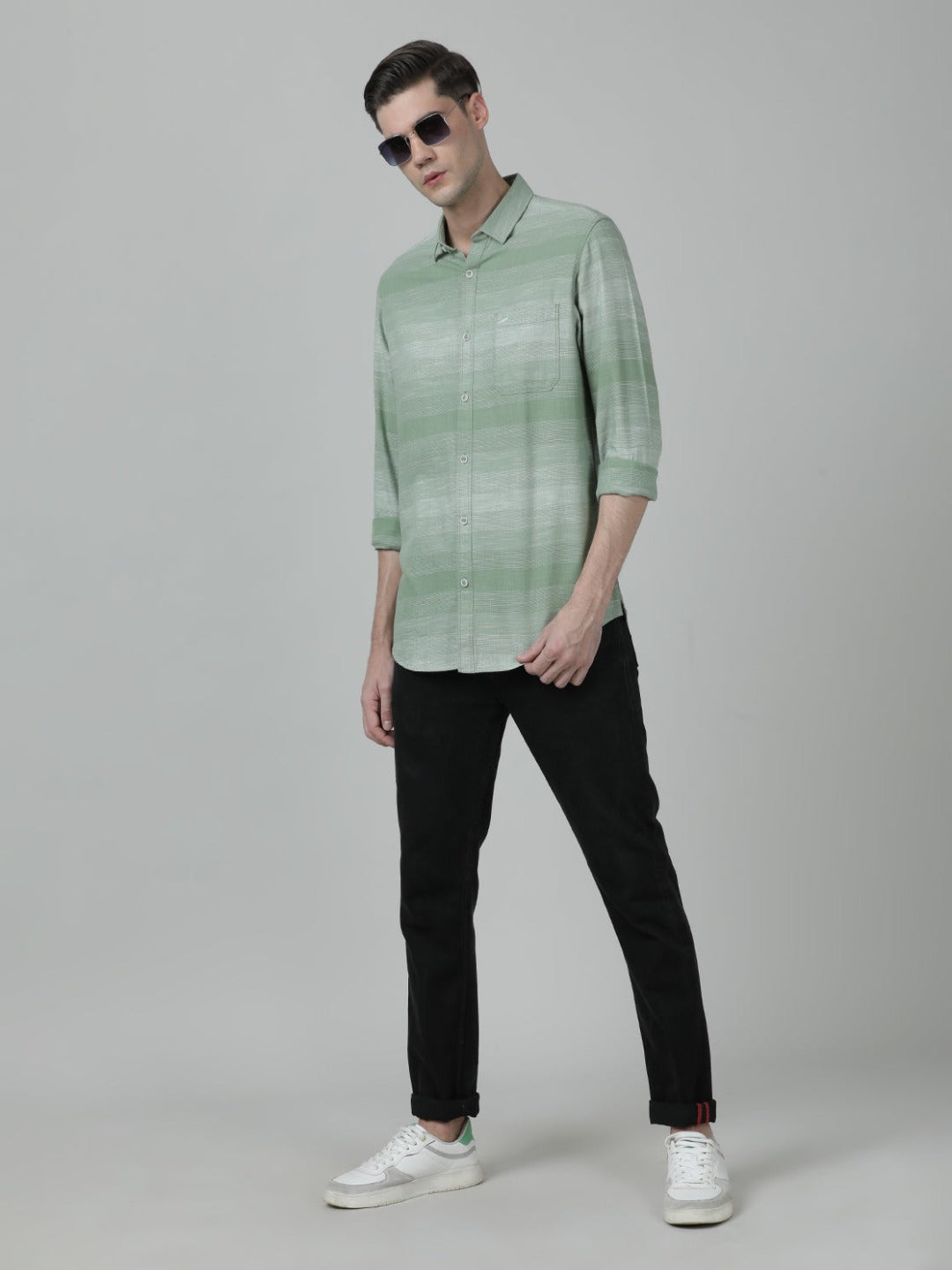 Green Striped Full Sleeve 100% Cotton Shirt
