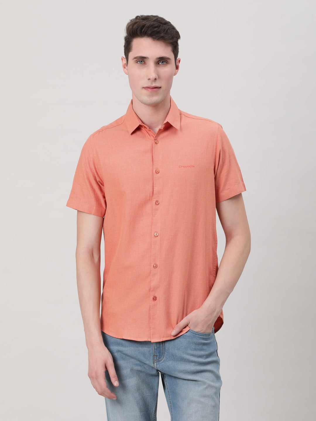 Peach Solid Half Sleeve Linen Shirt