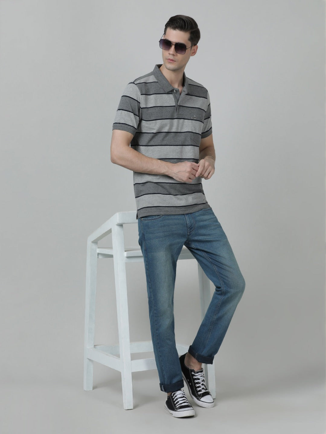 Charcoal Grey Striped Polo T-Shirt