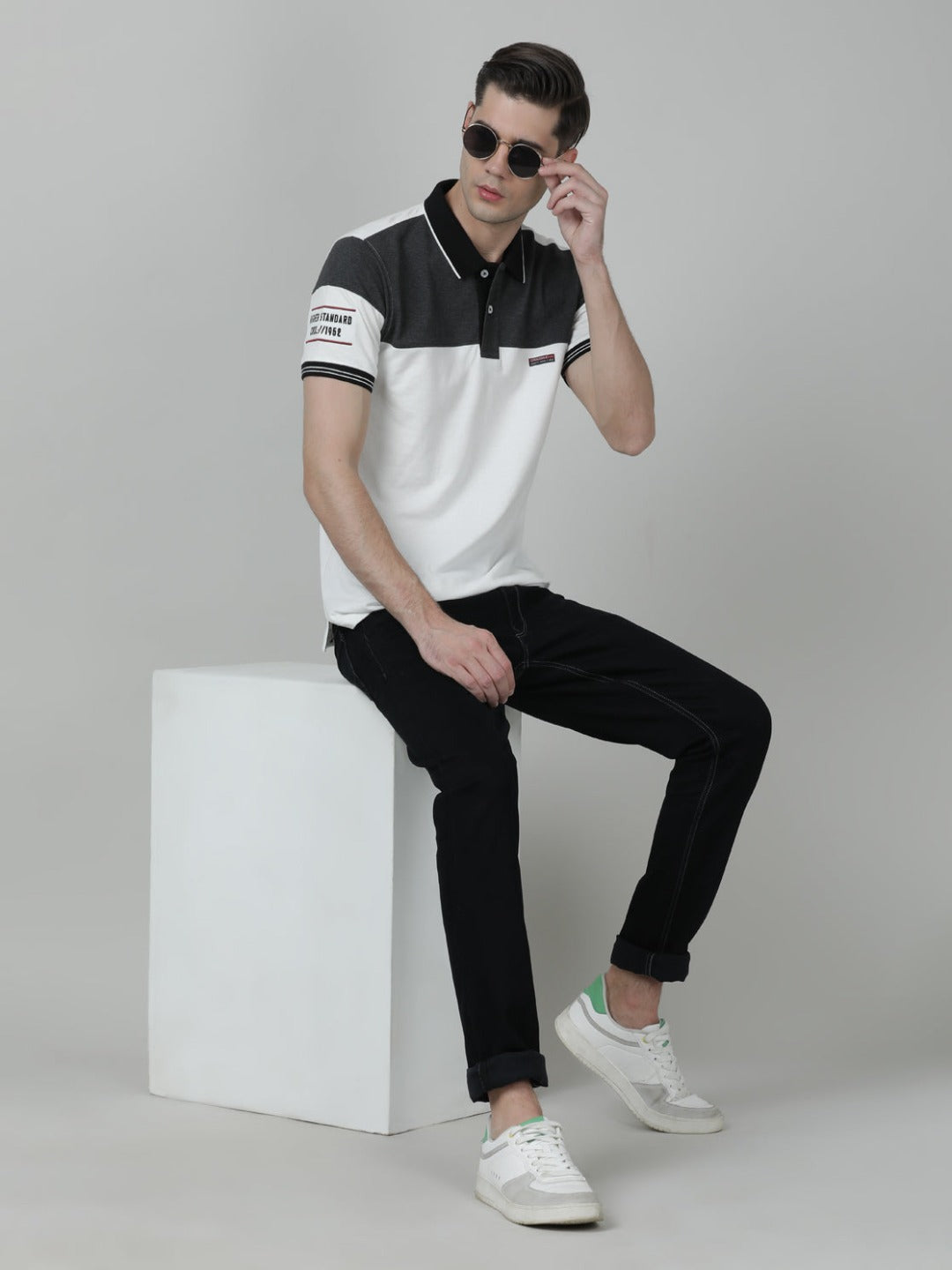 White Colourblocked Polo T-Shirt