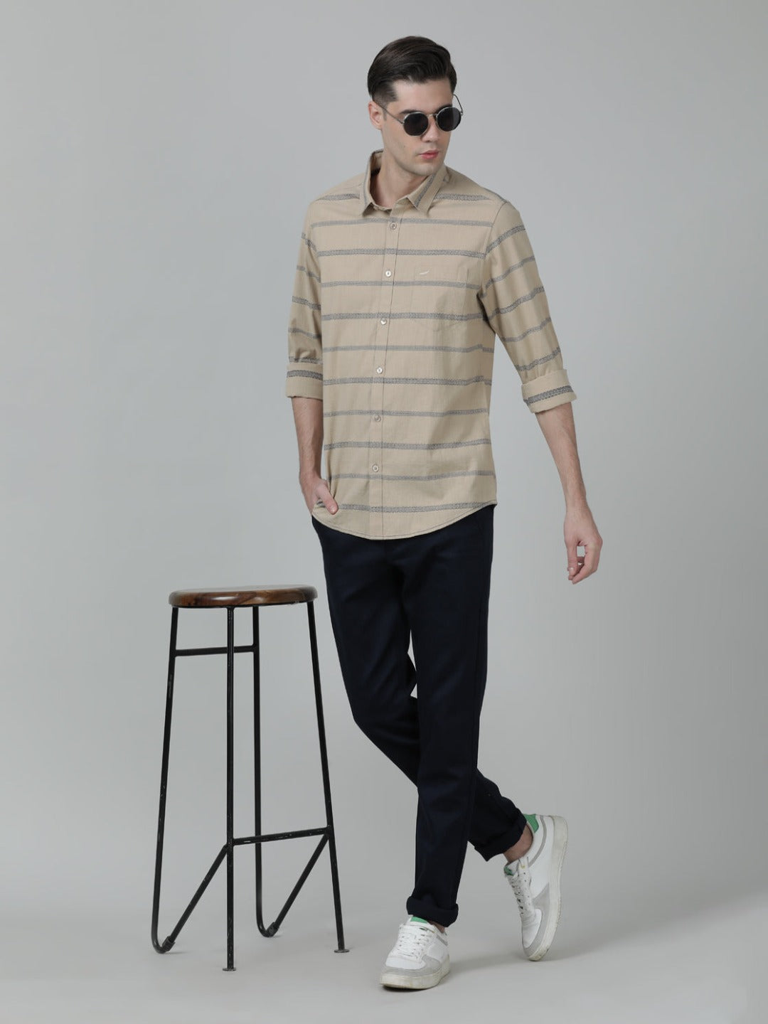 Beige Striped Full Sleeve 100% Cotton Shirt