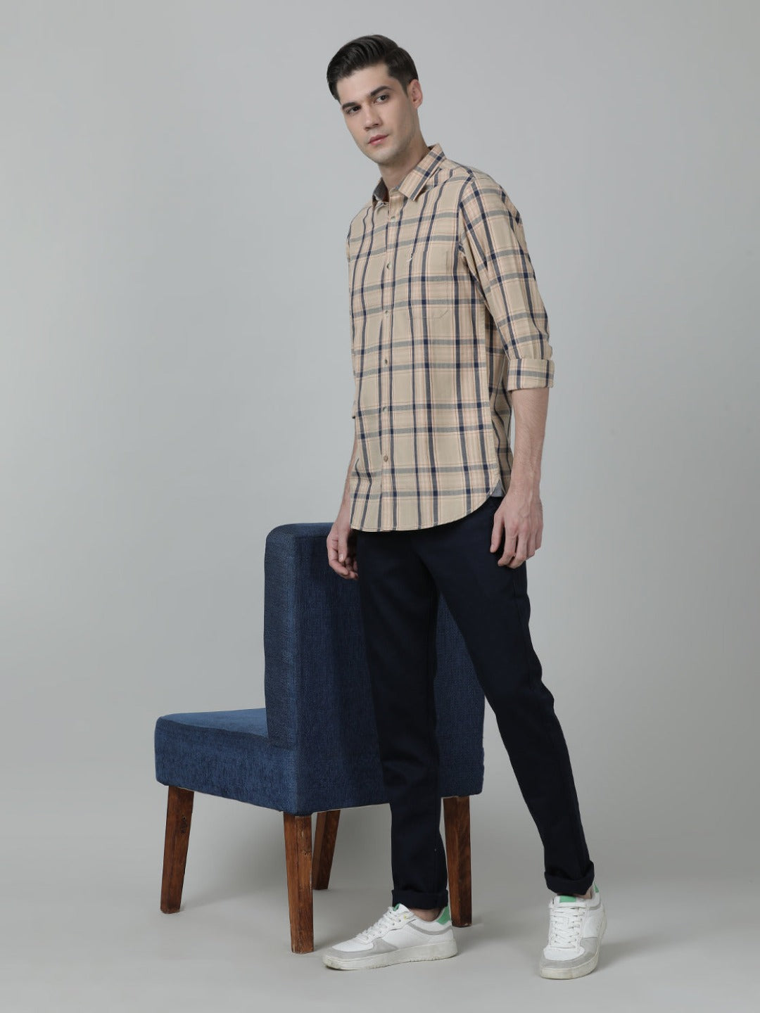 Beige Checked Full Sleeve 100% Cotton Shirt