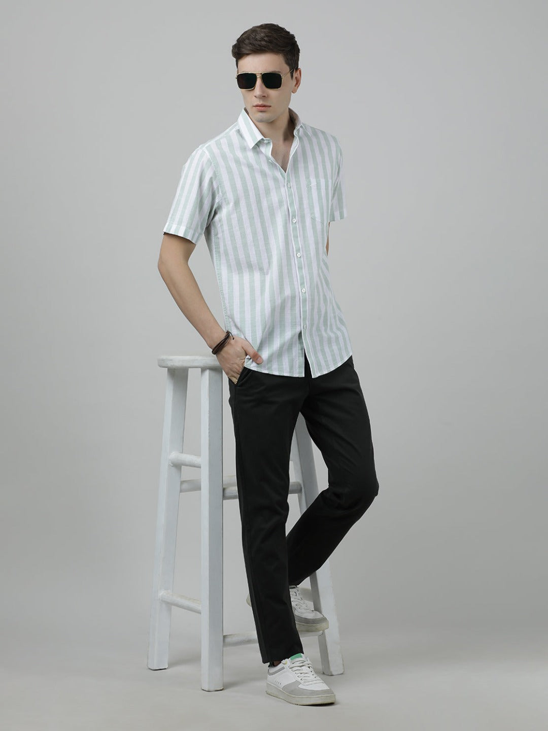 Green Striped Half Sleeve 100% Cotton Shirt