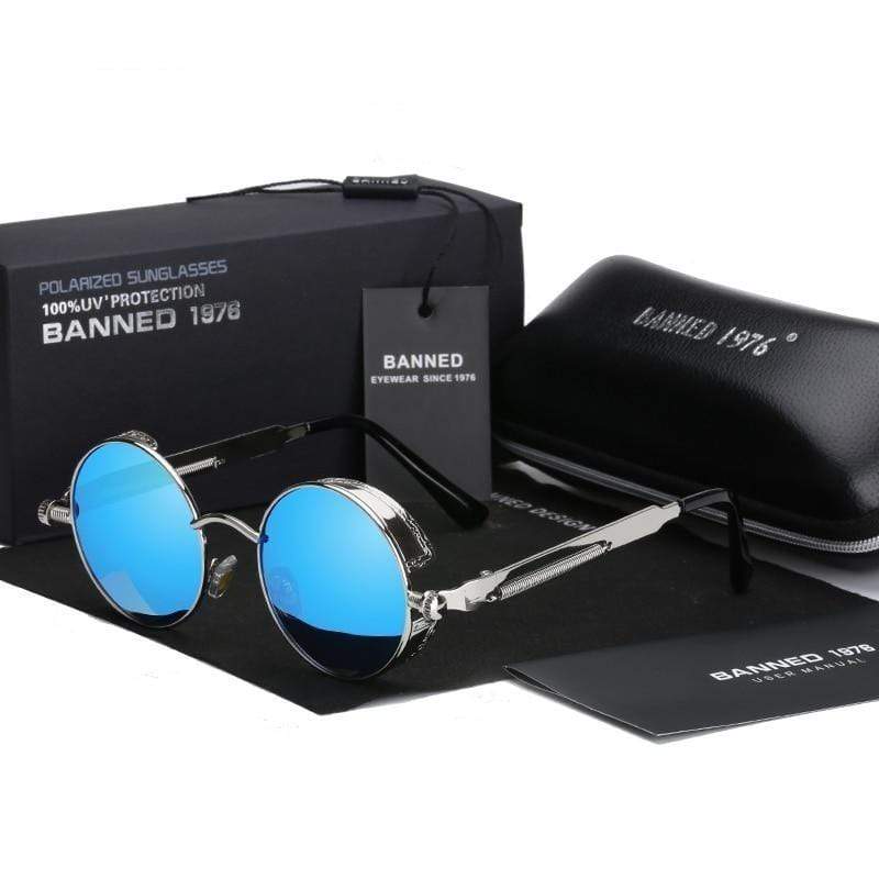 Retro Round Metal HD Polarized Punk Steampunk Sunglasses for Women Men,Vintage Sun Glasses, Silver Blue