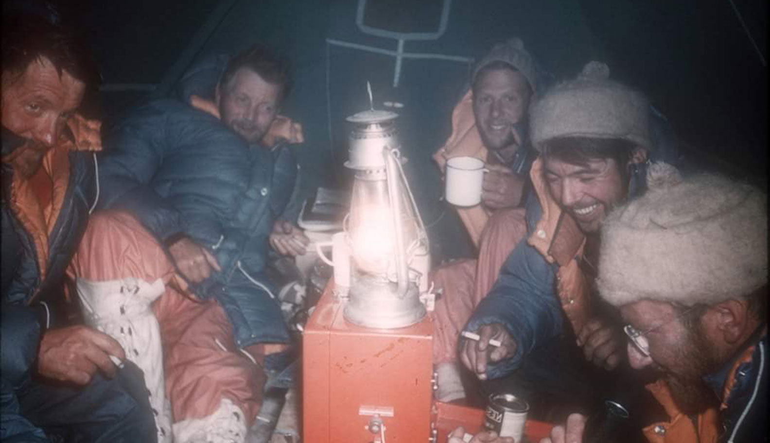 (Camp on Kanchenjunga before the summit push, John Jackson, Tom McKinnon, Joe Brown, Charles Evans, and George Band)