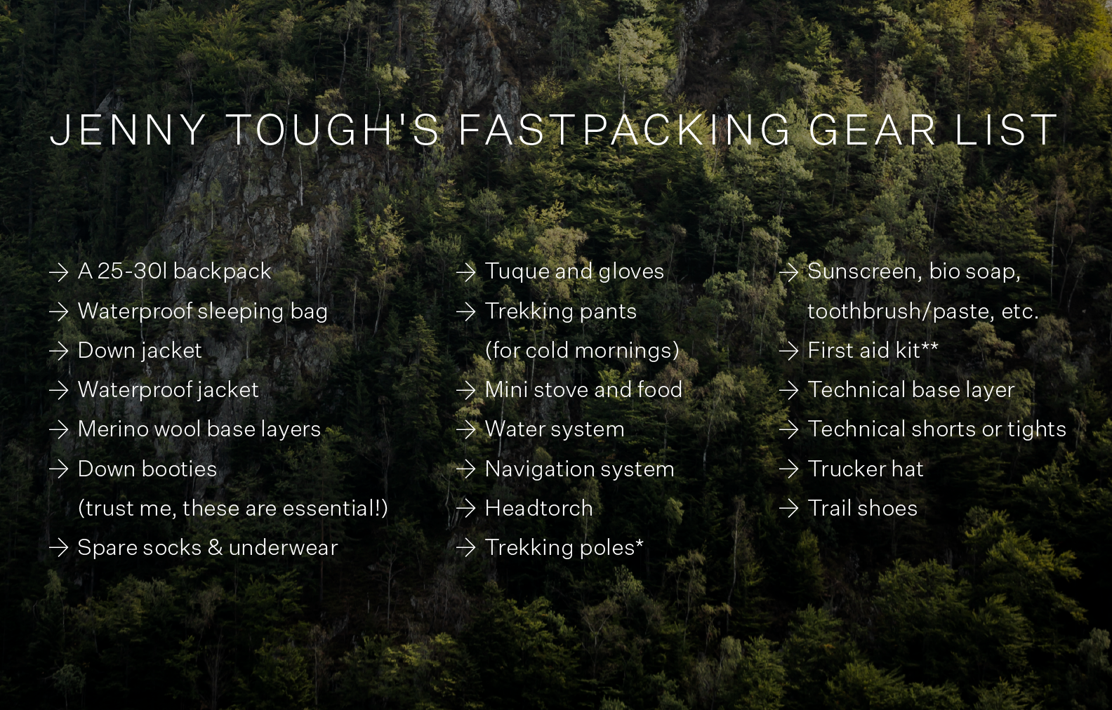 Jenny toughs fastpacking kit list