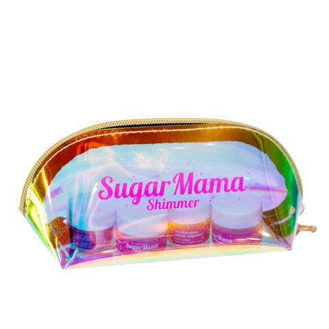Sugar Mama Shimmer zipper pouch in irridescent and magenta pink logo is a must to hold your jars of edible glitter!  Take them along in your purse!