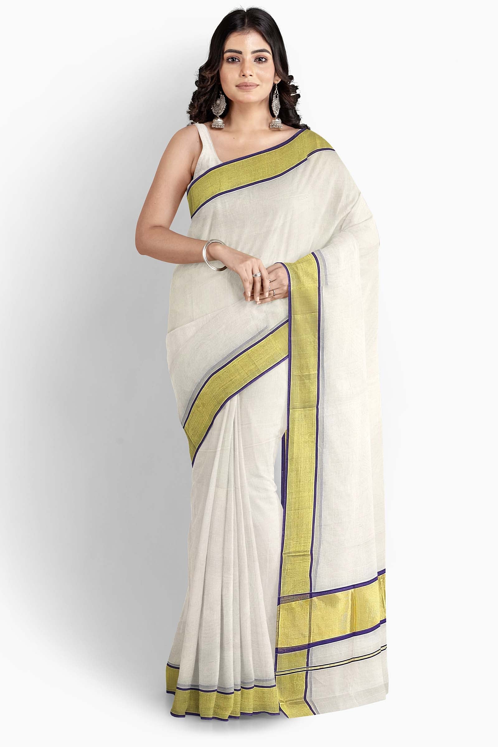 Indian traditional dress, Kerala Saree with 3 inch kasavu pallu