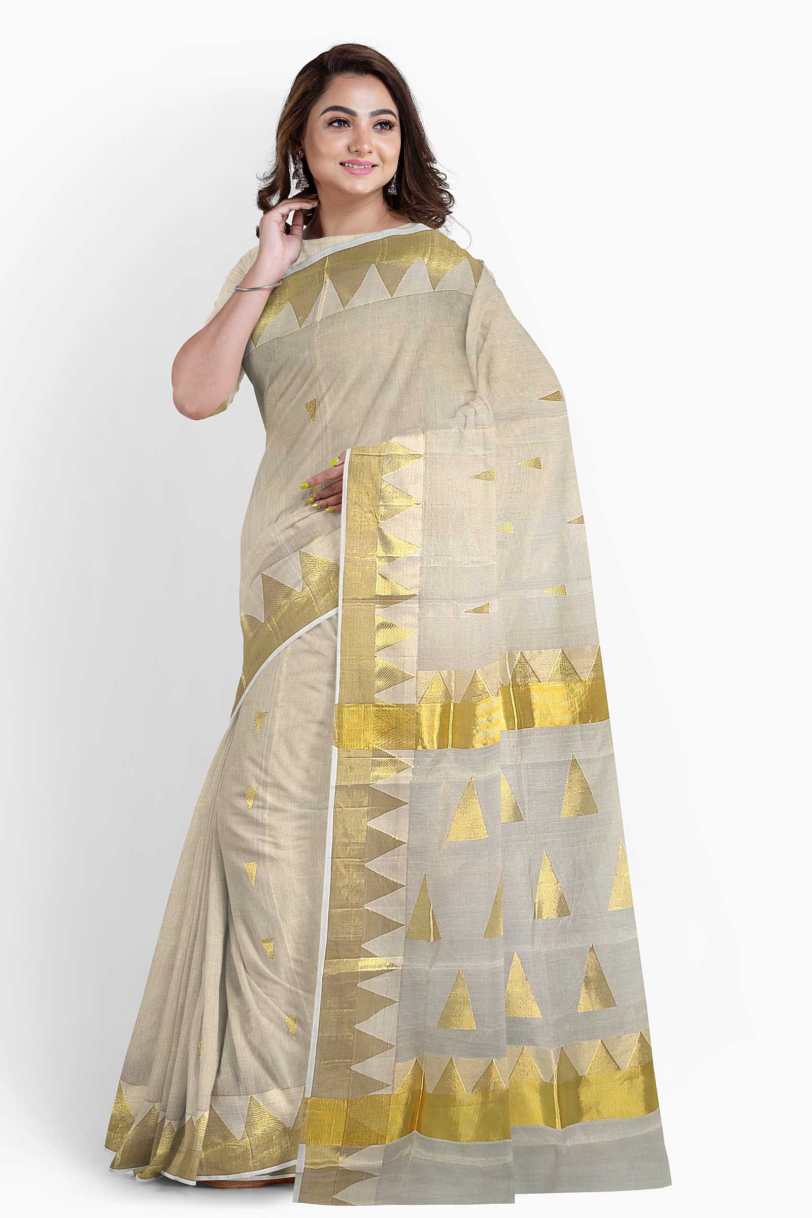 Buy Ivory White Color - South Kasavu Cotton Saree with Flower Embroidery  Online in USA