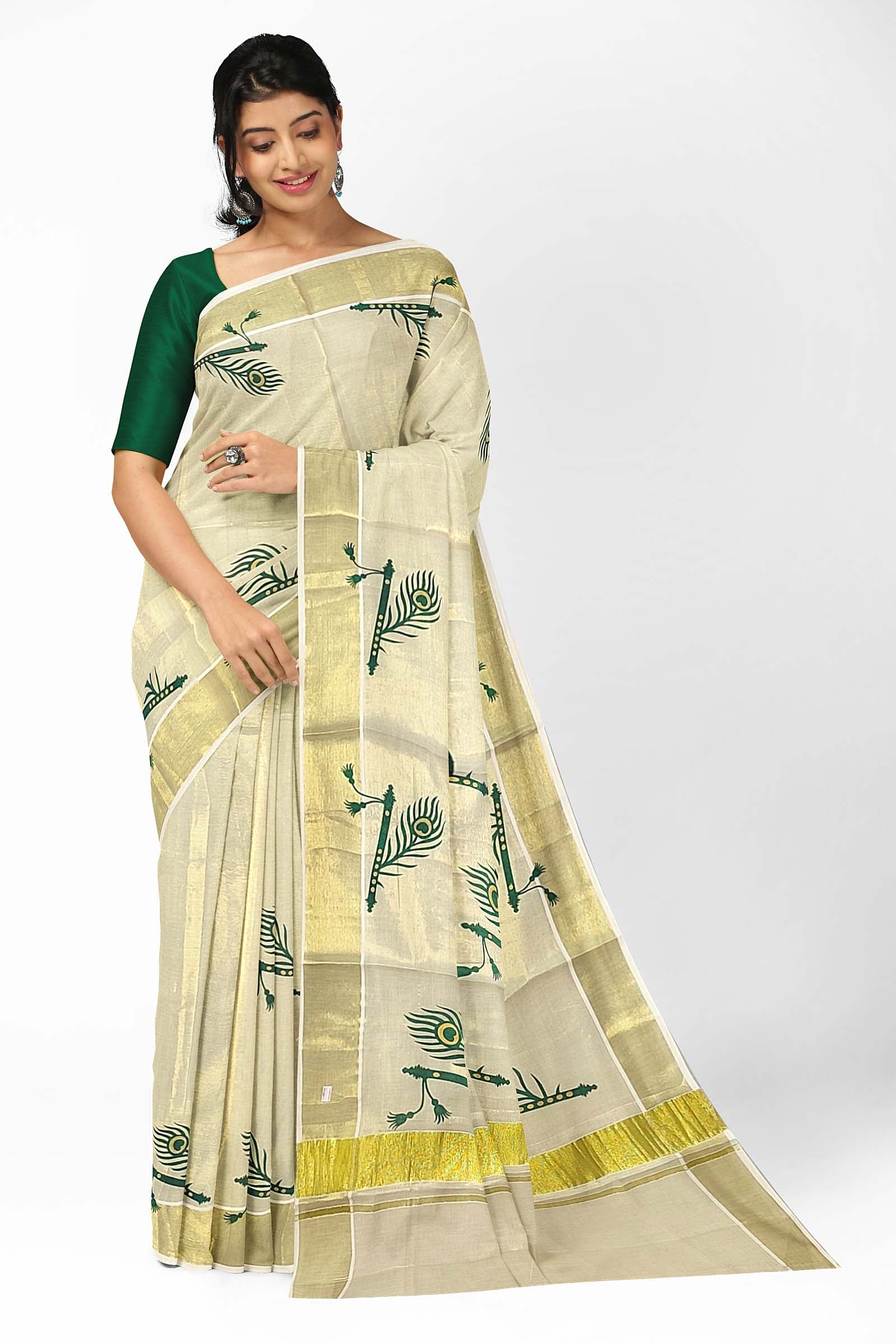 Buy Southloom Women's Kerala Tissue Kasavu Saree With Mural Printed Peacock  Design at Amazon.in