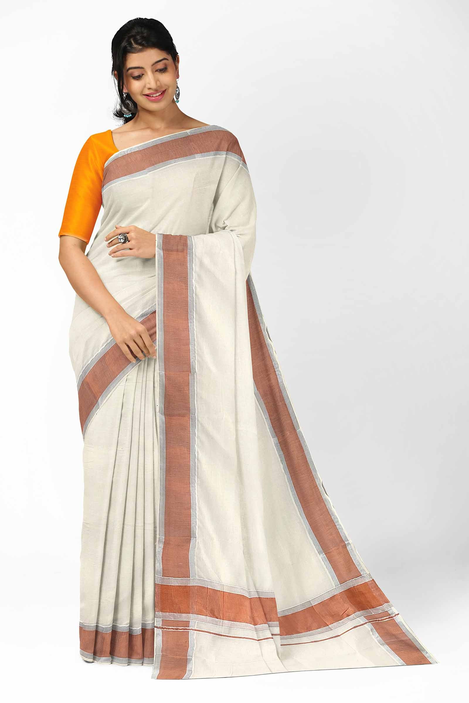 Shop Pure Kanjivaram Silk White Handloom Saree with Golden Zari Border –  Sunasa