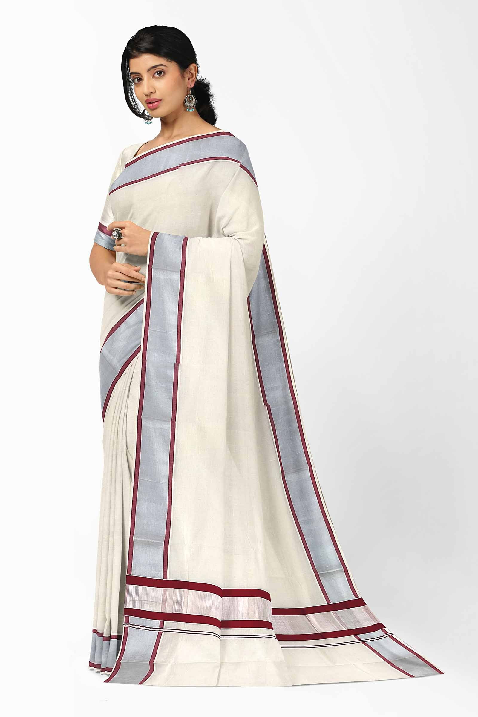 3 Inch Silver Zari Border Cotton Kerala Saree with Silver Stripes