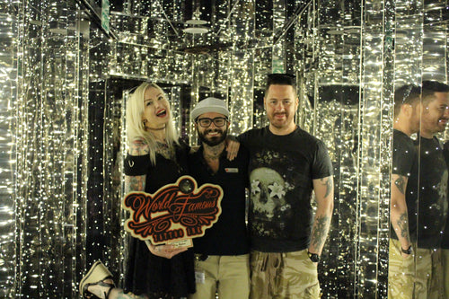 What a View World Famous Pro Team Tattoo Artist Jenna Kerr, Squid Ink Traveling Manager Dennis Gensinger, and musician and Jenna's partner, Jayce Lewis.