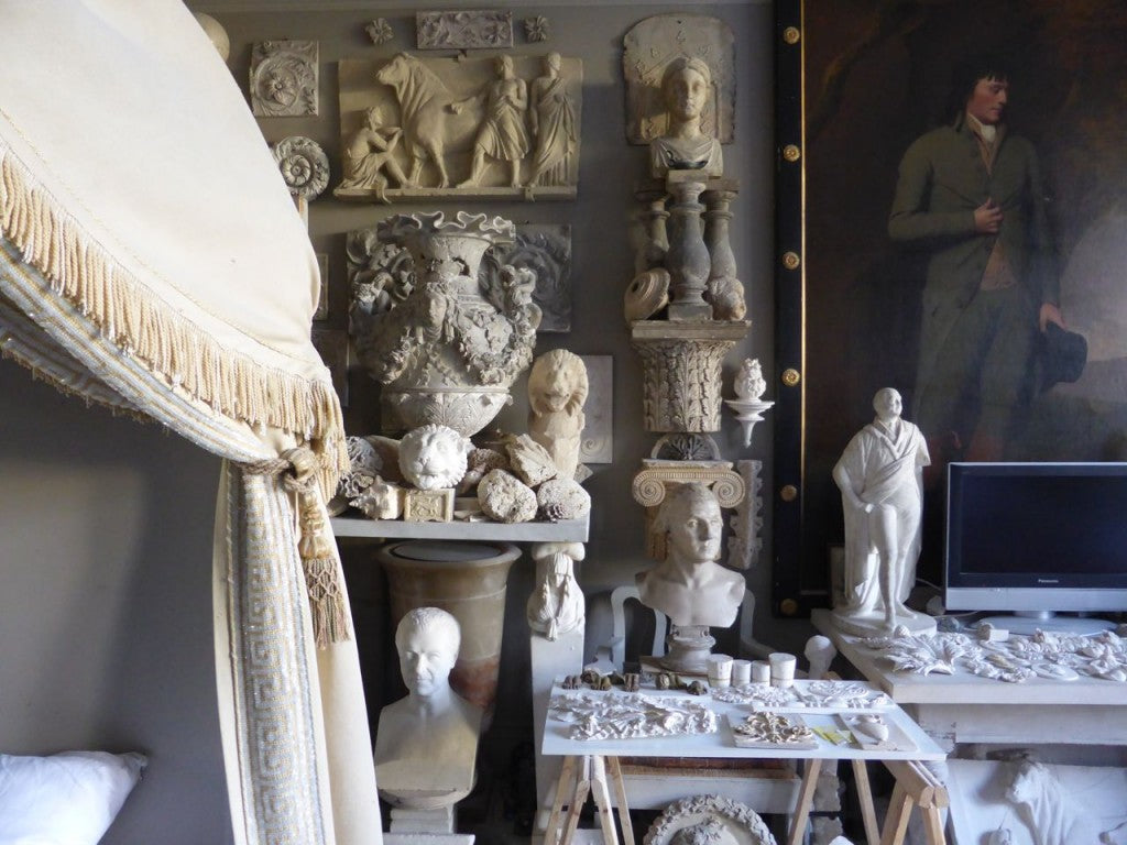 London home of Peter Hone, antiques, sculptures, canopy