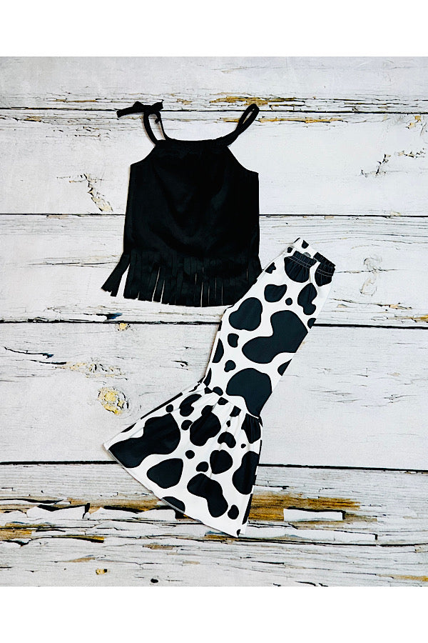 Black suede sleeveless fringe top /cow print bell bottoms 2pc set