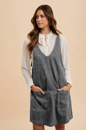 Annie Wear V-Neck Adjustable Strap Denim Overall Dress with Pockets - Yousweety