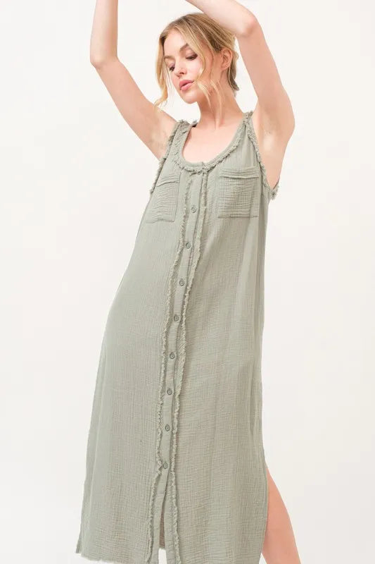 And The Why Washed Gauzed Patch Pocket Tank Midi Dress