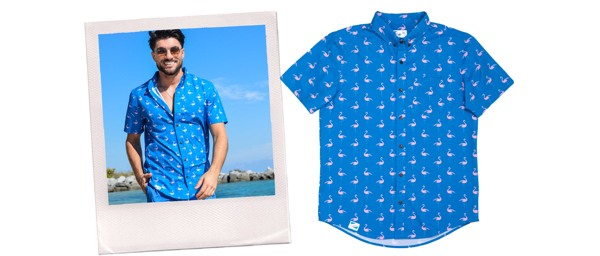 blue Hawaiian Shirt with pink flamingos