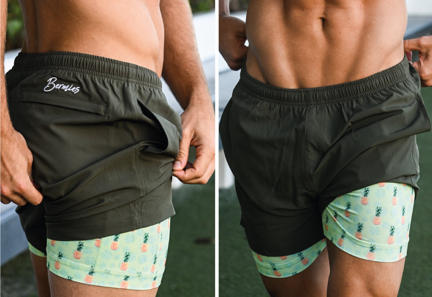 What materials are compression liner swim trunks made of? – Bermies