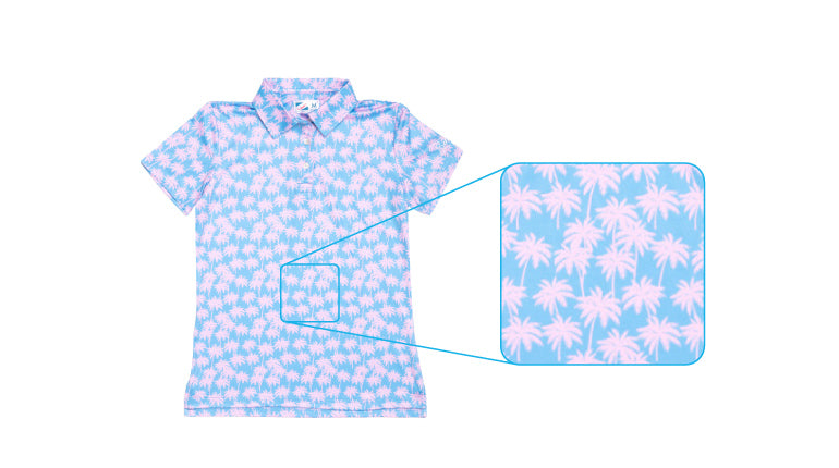 Pink and light blue palm print. Golf polo shirt for women. 