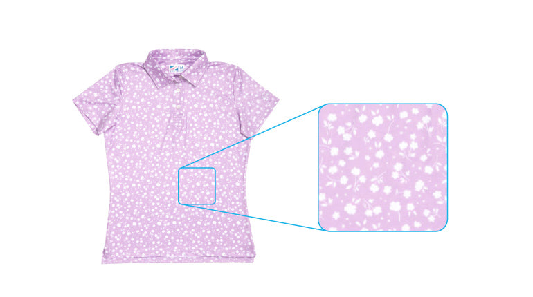 Lilac. Flowers. Print. Golf polo shirt for women. 