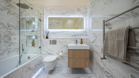 Porcelanosa Oak and Marble effect bathroom 