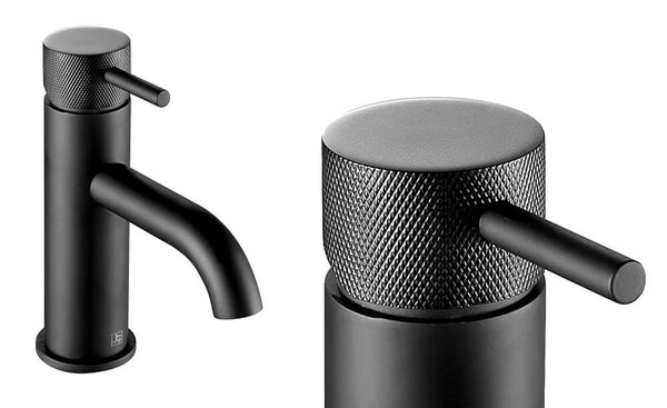 matt black basin mixer tap with knurled detail on handle