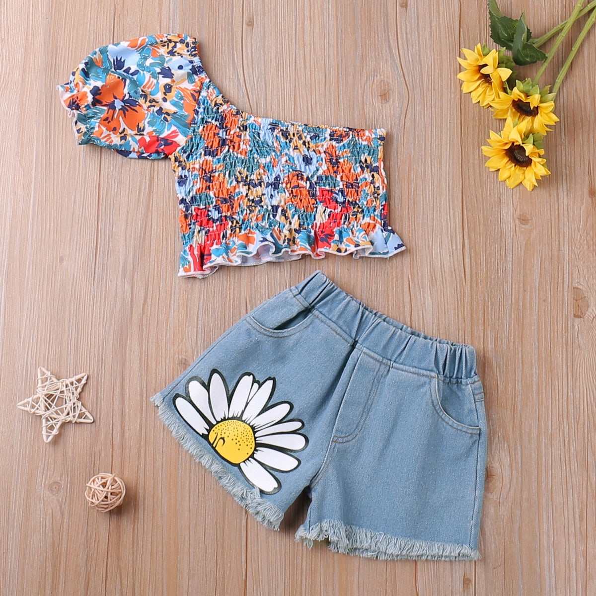 Summer Thin Suit Flower Decoration Sling Top+Denim Shorts 2Pcs Clothing Sets Children&#39;s Clot