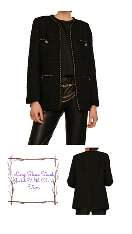 long sleeve tweed jacket with chain trim