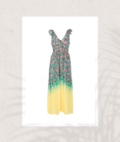 Multi-Color Print Pleated Maxi Dress